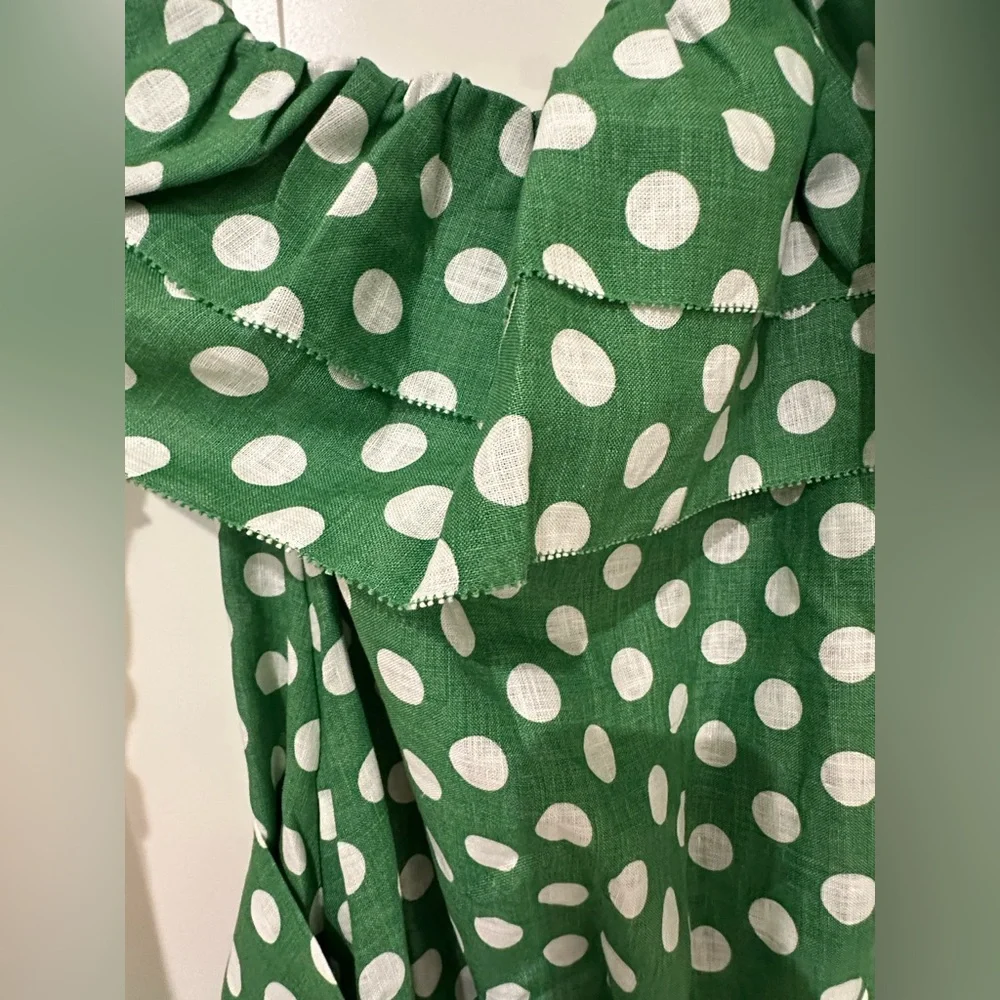 NWT Lisa Marie Fernandez Arden One Shoulder Linen Green & White Polka Dot Dress - Picture 4 of 10